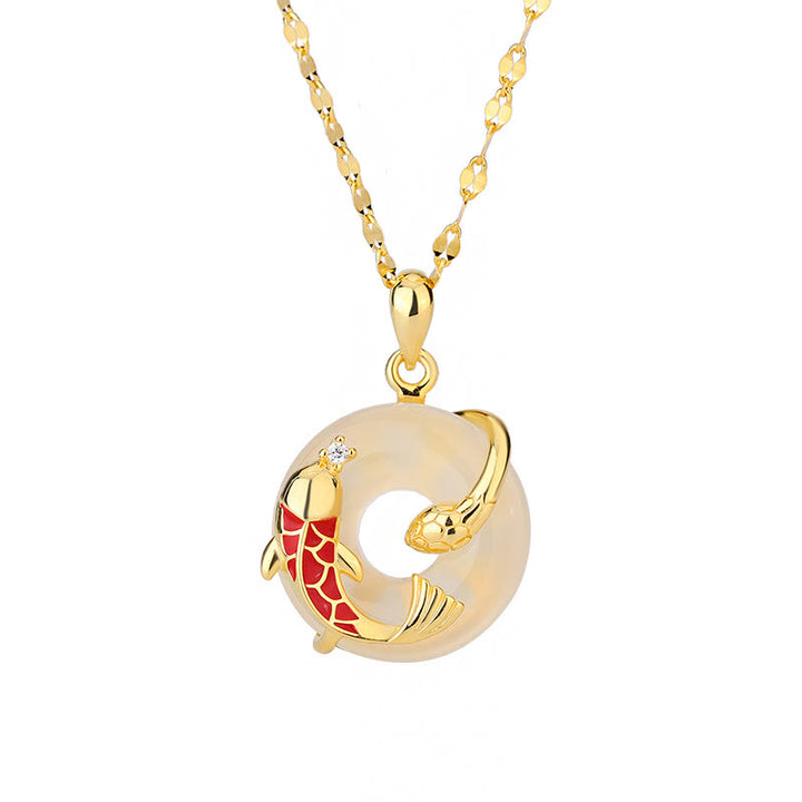 Collier pendentif positif en argent sterling 999 avec boucle de paix en calcédoine et pierres de Buddha Stones Koi Fish Année du serpent
