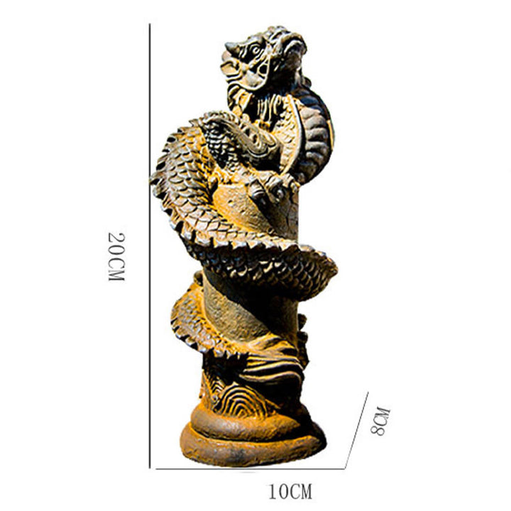 Statue de Buddha Stones faite à la main en forme de dragon volant autour du pilier en poudre de fer et de rouille en résine moulée pour décoration de la maison