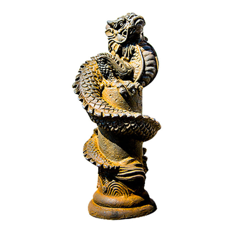 Statue de Buddha Stones faite à la main en forme de dragon volant autour du pilier en poudre de fer et de rouille en résine moulée pour décoration de la maison