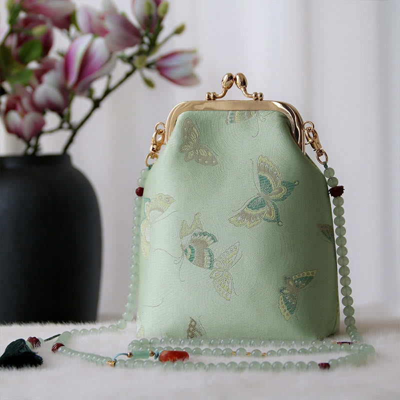 Sac à bandoulière rétro en perles brodées chinoises avec Buddha Stones - Papillon vert pâle 14*6*18cm - image 3