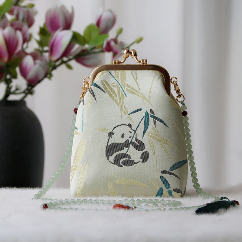 Sac à bandoulière rétro en perles brodées chinoises avec Buddha Stones - Bambou Panda Vert Pâle 14*6*18cm - image 7