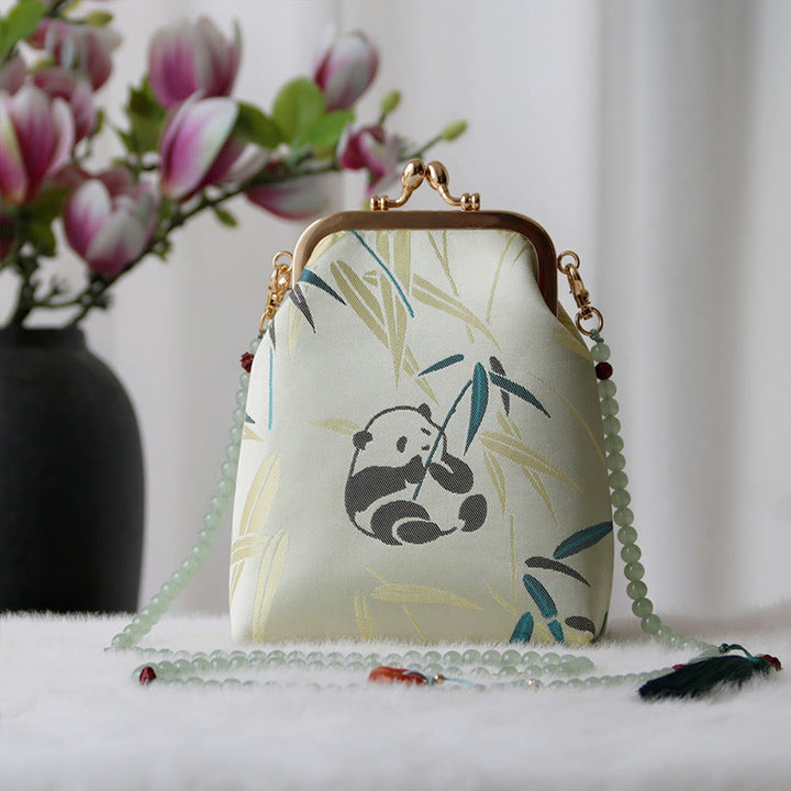 Sac à bandoulière rétro en perles brodées chinoises avec Buddha Stones - Bambou Panda Vert Pâle 14*6*18cm - image 7