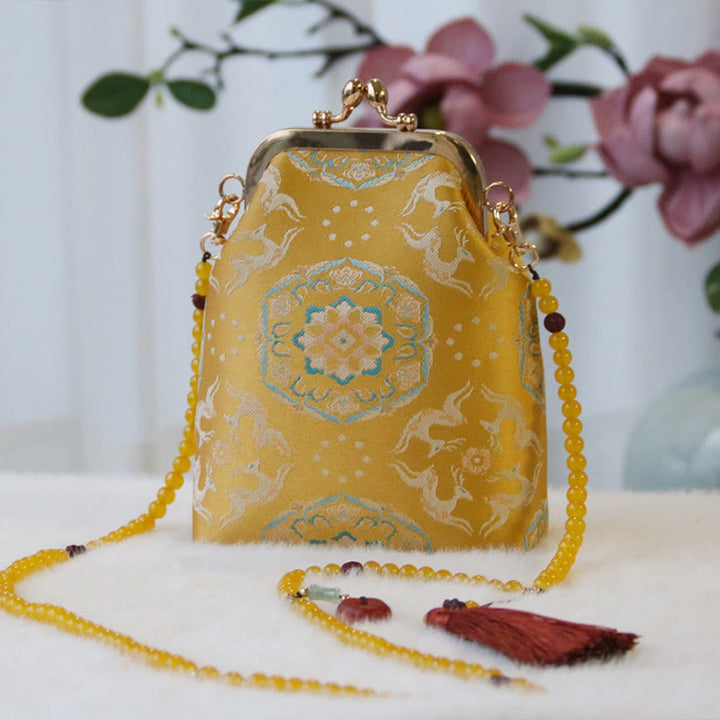 Sac à bandoulière rétro en perles brodées chinoises avec Buddha Stones - Fleur de cerf dorée 14*6*18cm - image 9
