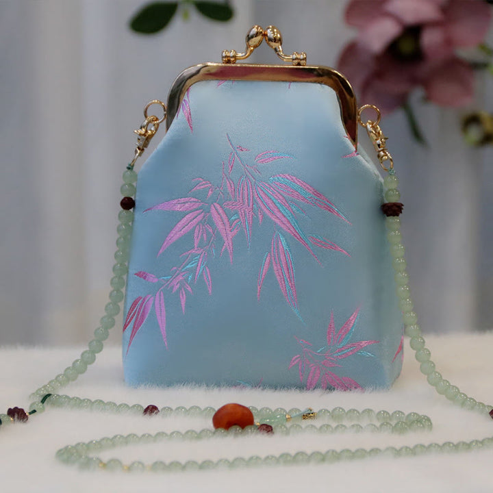 Sac à bandoulière rétro en perles brodées chinoises avec Buddha Stones - Feuilles de bambou bleu ciel clair 14 x 6 x 18 cm - image 10