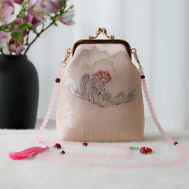 Sac à bandoulière rétro en perles brodées chinoises avec Buddha Stones - Fleur rose 14*6*18cm - image 12