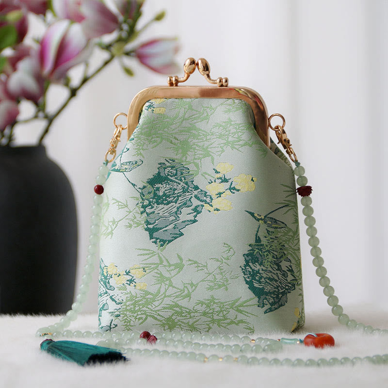Sac à bandoulière rétro en perles brodées chinoises avec Buddha Stones - Feuilles d'aigue-marine 14*6*18cm - image 17