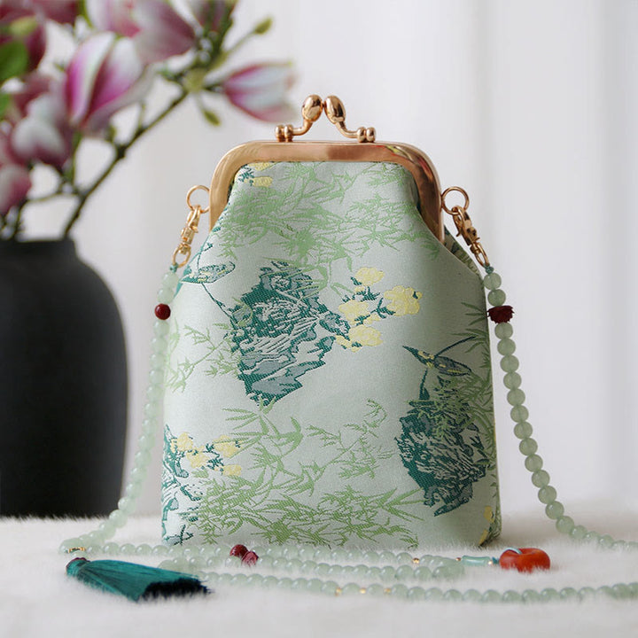 Sac à bandoulière rétro en perles brodées chinoises avec Buddha Stones - Feuilles d'aigue-marine 14*6*18cm - image 17