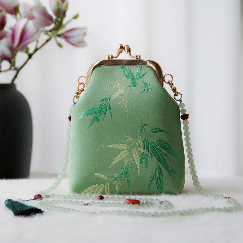 Sac à bandoulière rétro en perles brodées chinoises avec Buddha Stones - Feuilles de bambou SpringGreen 14*6*18cm - image 16