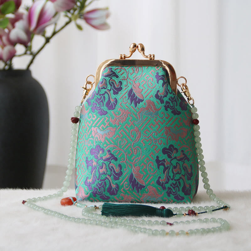 Sac à bandoulière rétro en perles brodées chinoises avec Buddha Stones - Fleur verte printanière moyenne 14 x 6 x 18 cm - image 18