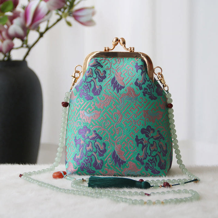 Sac à bandoulière rétro en perles brodées chinoises avec Buddha Stones - Fleur verte printanière moyenne 14 x 6 x 18 cm - image 18