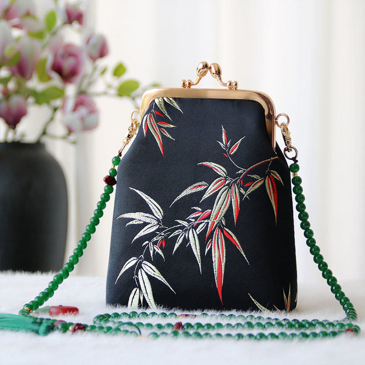 Sac à bandoulière rétro en perles brodées chinoises avec Buddha Stones - Feuilles de bambou noires 14*6*18cm - image 24