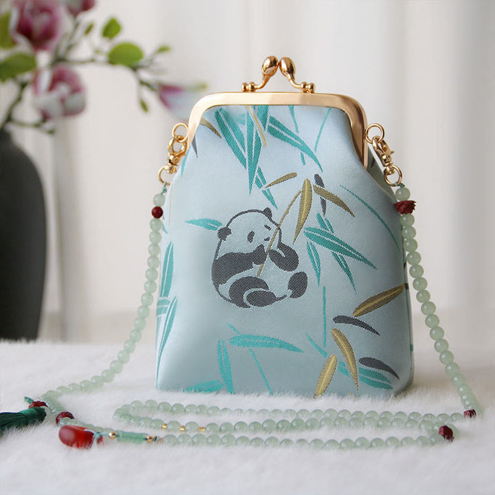 Sac à bandoulière rétro en perles brodées chinoises avec Buddha Stones - Panda Cyan Bambou 14*6*18cm - image 23