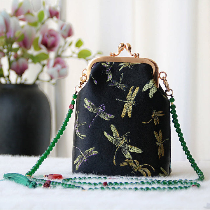 Sac à bandoulière rétro en perles brodées chinoises avec Buddha Stones - Libellule noire 14*6*18cm - image 26