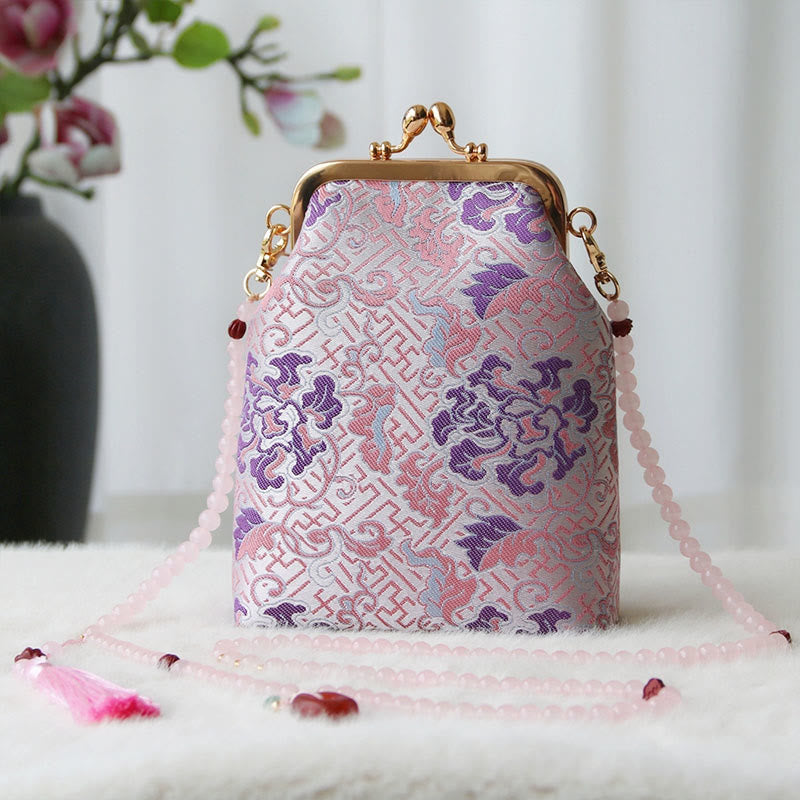 Sac à bandoulière rétro en perles brodées chinoises avec Buddha Stones - Fleur rose clair 14*6*18cm - image 31