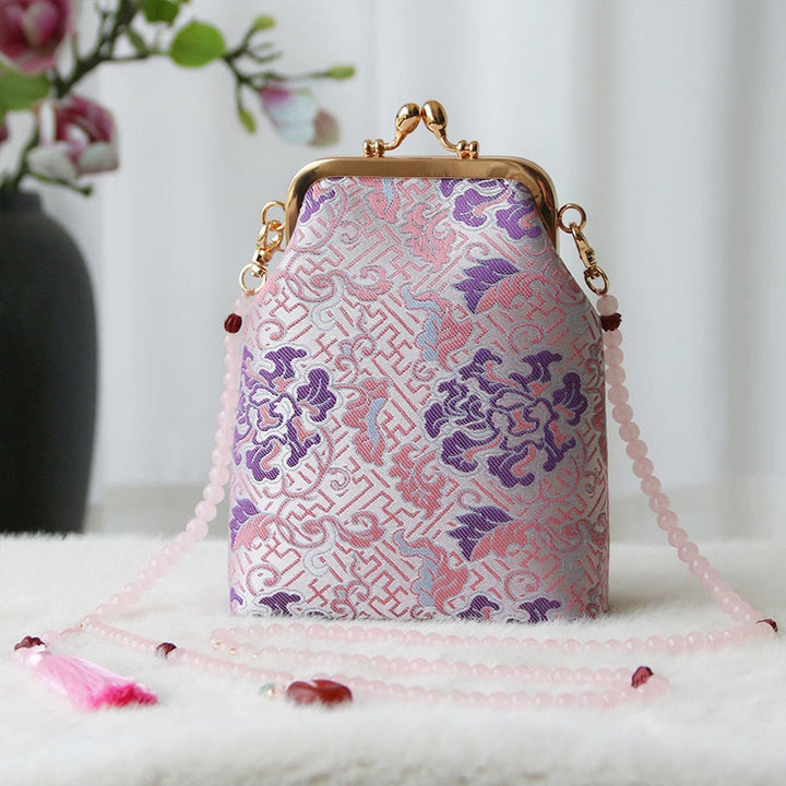 Sac à bandoulière rétro en perles brodées chinoises avec Buddha Stones - Fleur rose clair 14*6*18cm - image 31