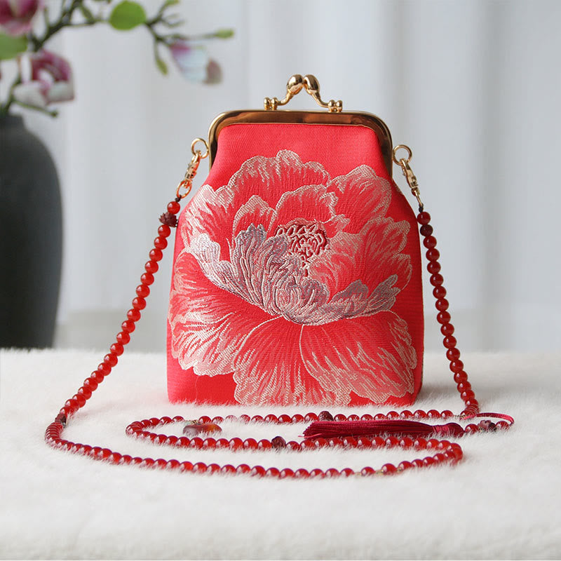 Sac à bandoulière rétro en perles brodées chinoises avec Buddha Stones - Grande fleur rouge 14*6*18cm - image 29