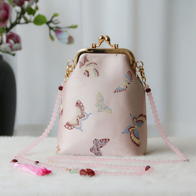 Sac à bandoulière rétro en perles brodées chinoises avec Buddha Stones - Papillon rose 14*6*18cm - image 30
