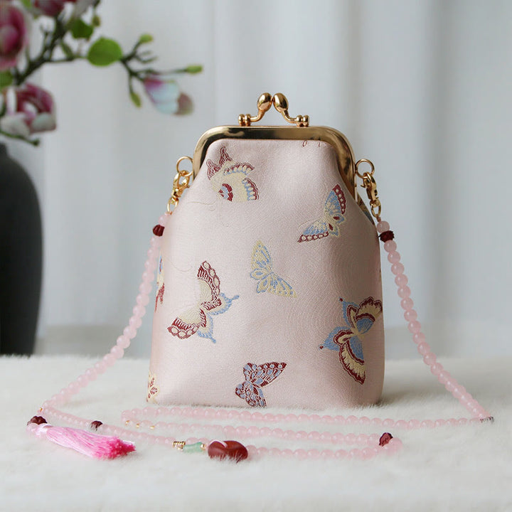Sac à bandoulière rétro en perles brodées chinoises avec Buddha Stones - Papillon rose 14*6*18cm - image 30