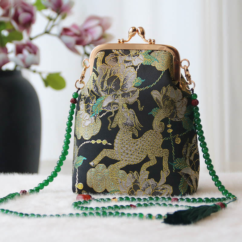Sac à bandoulière rétro en perles brodées chinoises avec Buddha Stones - Pivoine Kirin noire 14*6*18cm - image 35