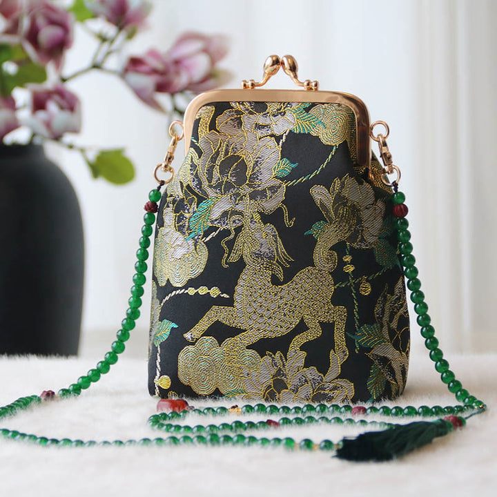 Sac à bandoulière rétro en perles brodées chinoises avec Buddha Stones - Pivoine Kirin noire 14*6*18cm - image 35