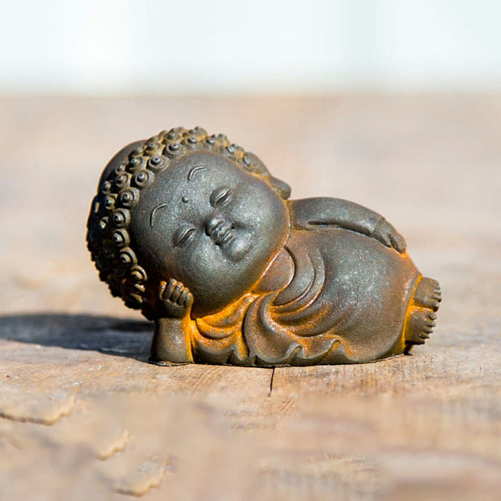 Buddha Stones Petit Debout Couché Assis Mignon Bouddha Poudre De Fer Rouille Coulée Résine Statue Décoration De La Maison - Bouddha couché 5*8*4,6 cm - image 15