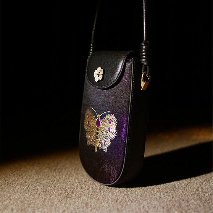 Sac à bandoulière en brocart avec Buddha Stones, rétro, fleur, papillon, feuilles, branches, chanson