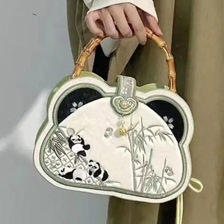 Sac à main en bandoulière avec pompon et nœud chinois en perles et broderie en bambou et Buddha Stones