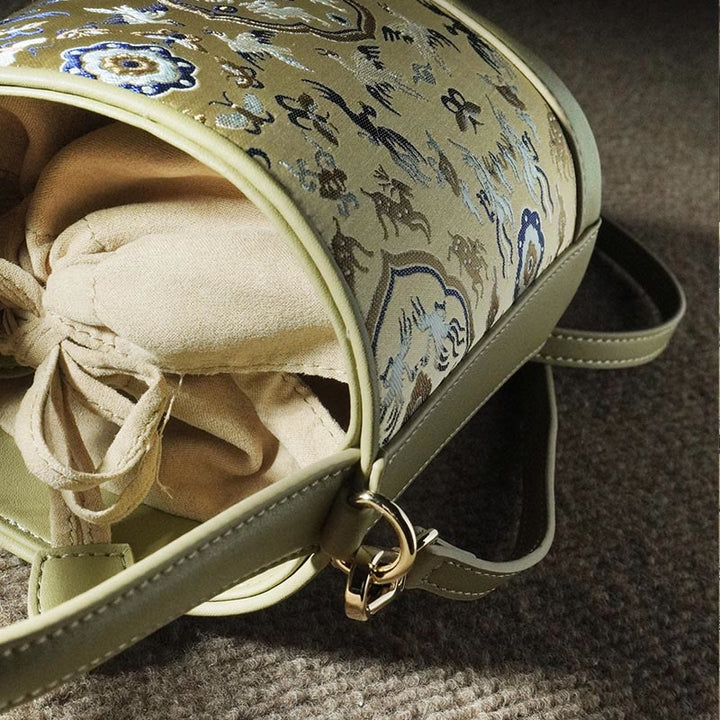 Sac à bandoulière rétro en brocart avec grue et cerf de Buddha Stones