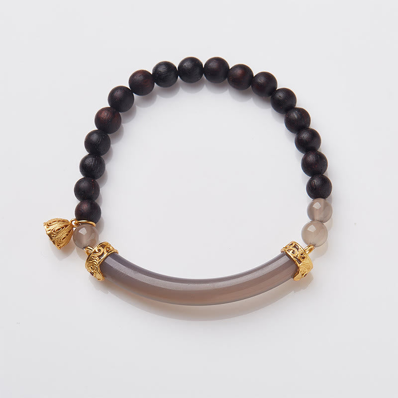 Bracelet manchette demi-jonc en agate grise et calcédoine avec Buddha Stones