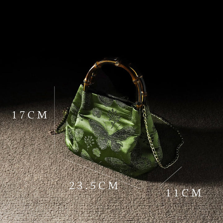 Sac à bandoulière en métal avec poignée en bambou et fleurs en jacquard et papillons Buddha Stones