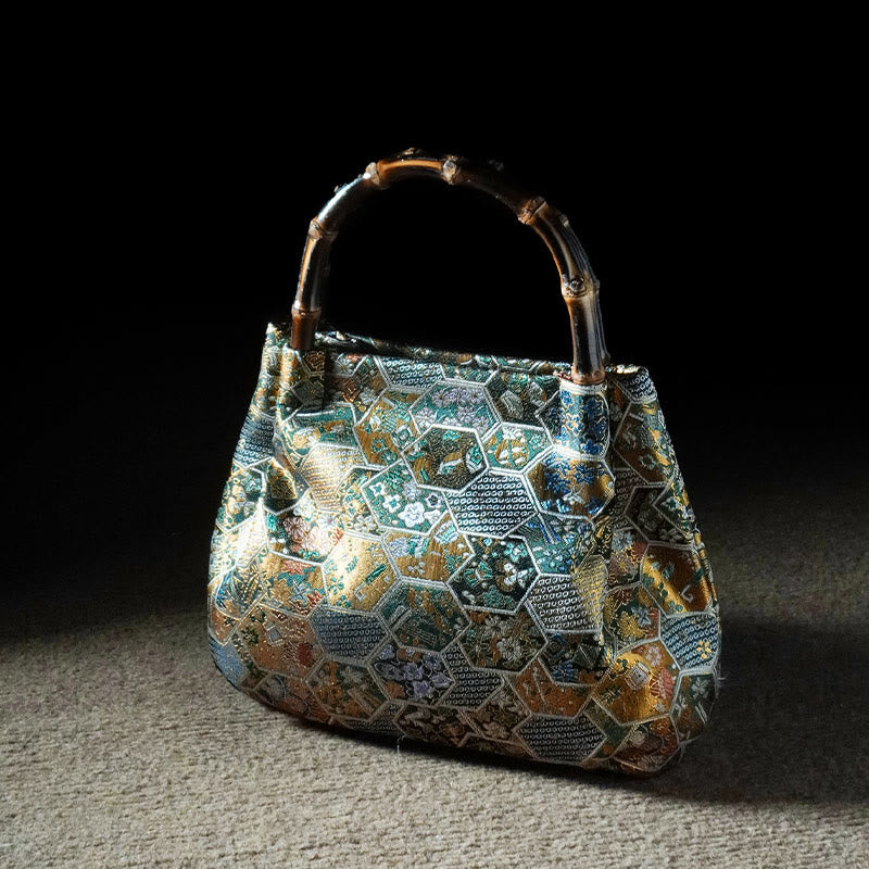 Sac à bandoulière en métal avec poignée en bambou et fleurs en jacquard et papillons Buddha Stones