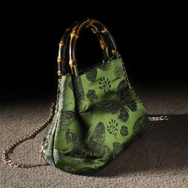 Sac à bandoulière en métal avec poignée en bambou et fleurs en jacquard et papillons Buddha Stones
