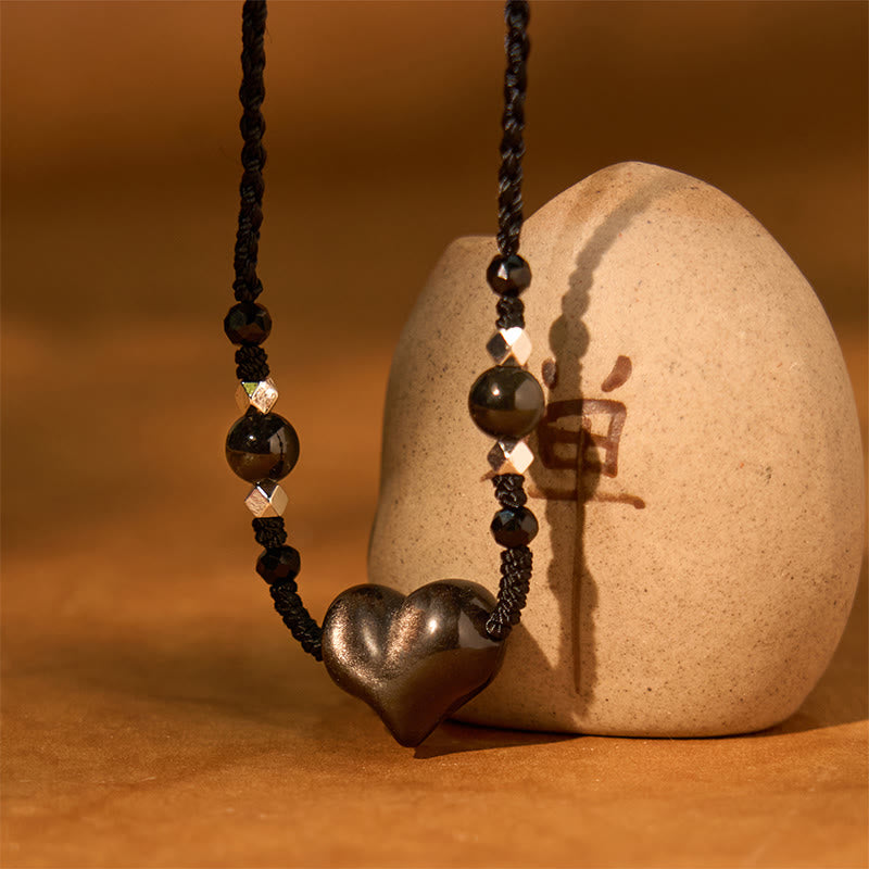 Collier avec pendentif en obsidienne naturelle argentée et brillante en forme de cœur avec Buddha Stones