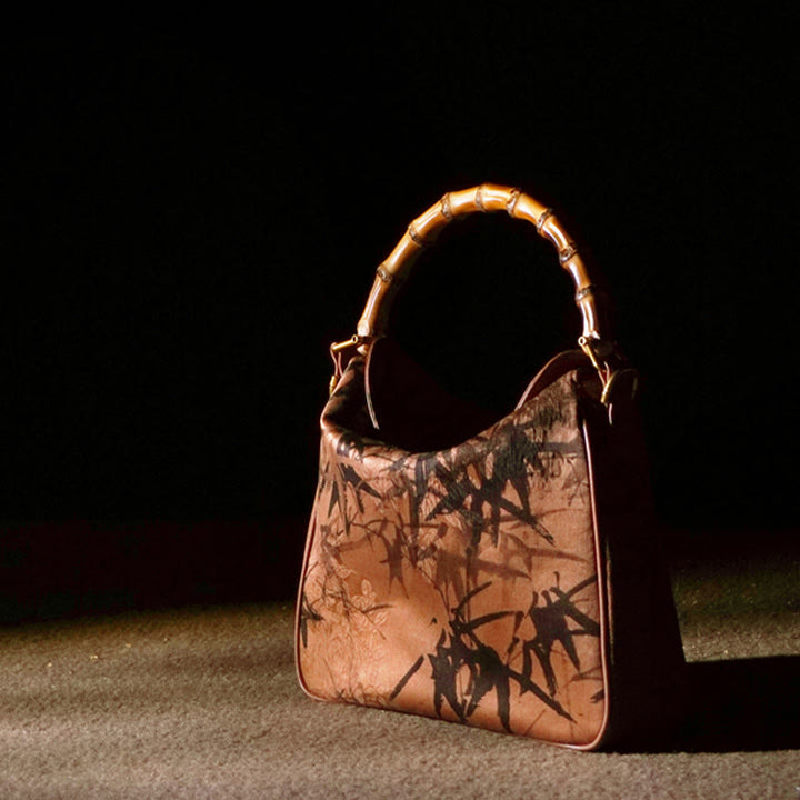 Sac à bandoulière en soie Xiangyunsha avec poignée en bambou luxuriant et Buddha Stones