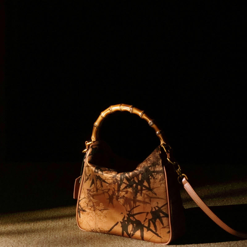 Sac à bandoulière en soie Xiangyunsha avec poignée en bambou luxuriant et Buddha Stones