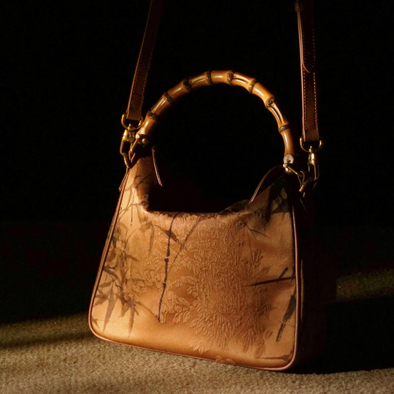 Sac à bandoulière en soie Xiangyunsha avec poignée en bambou luxuriant et Buddha Stones