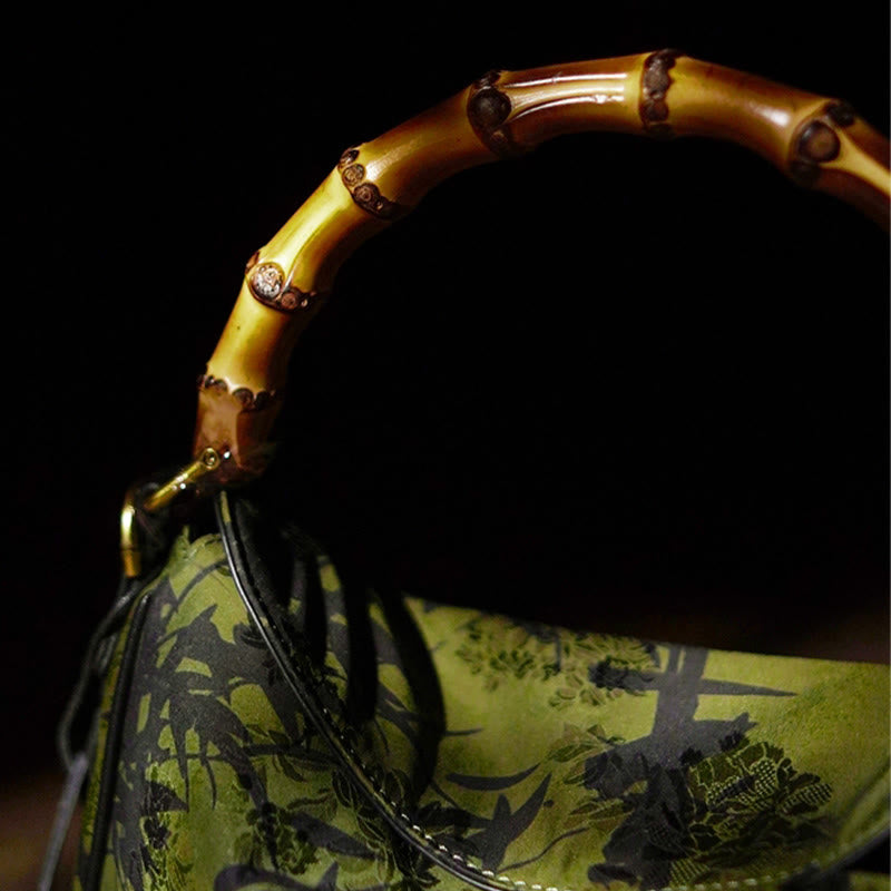 Sac à bandoulière en soie Xiangyunsha avec poignée en bambou luxuriant et Buddha Stones