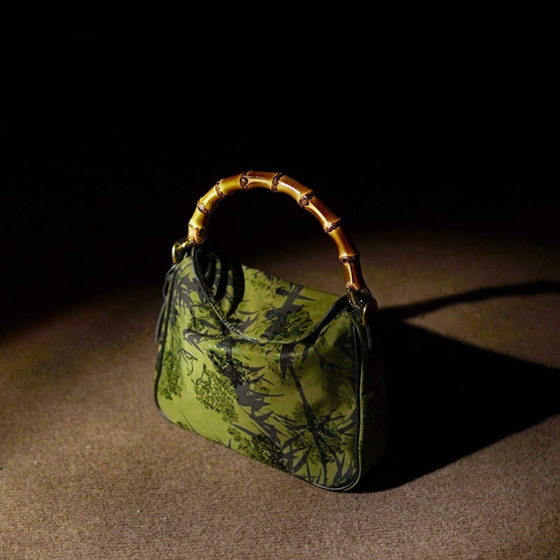 Sac à bandoulière en soie Xiangyunsha avec poignée en bambou luxuriant et Buddha Stones
