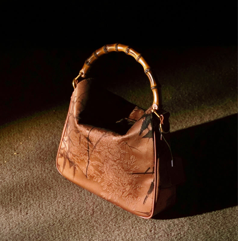 Sac à bandoulière en soie Xiangyunsha avec poignée en bambou luxuriant et Buddha Stones