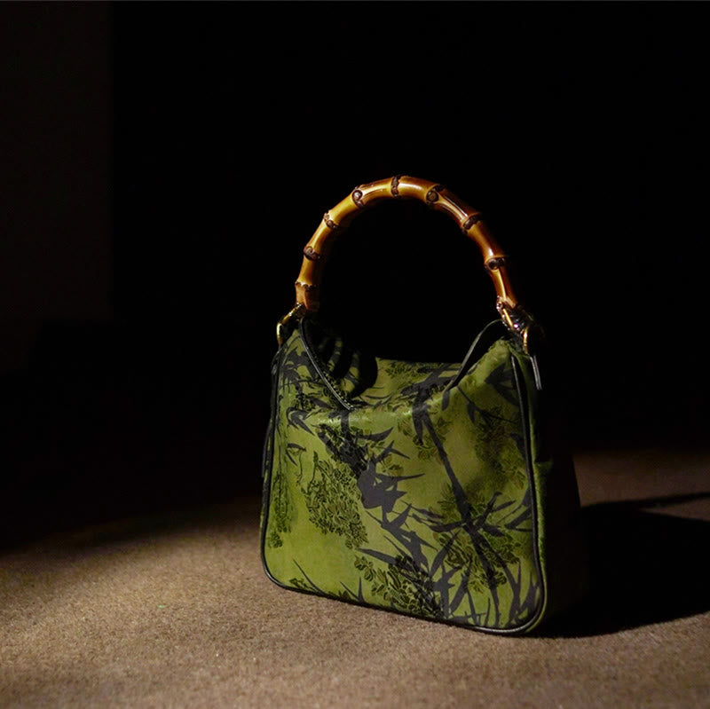 Sac à bandoulière en soie Xiangyunsha avec poignée en bambou luxuriant et Buddha Stones