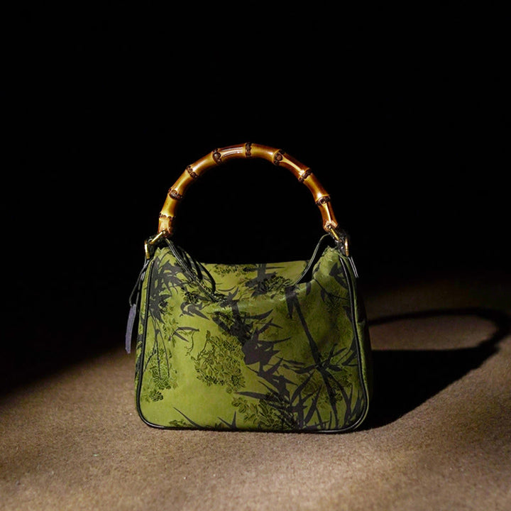 Sac à bandoulière en soie Xiangyunsha avec poignée en bambou luxuriant et Buddha Stones