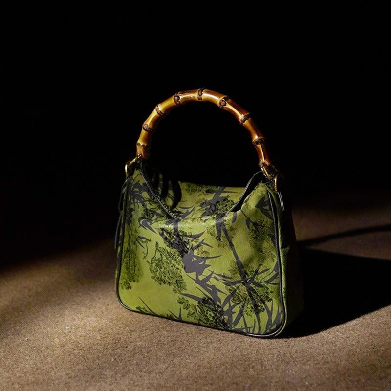 Sac à bandoulière en soie Xiangyunsha avec poignée en bambou luxuriant et Buddha Stones