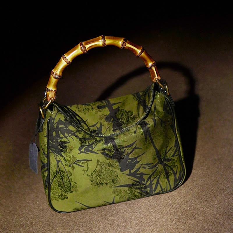 Sac à bandoulière en soie Xiangyunsha avec poignée en bambou luxuriant et Buddha Stones