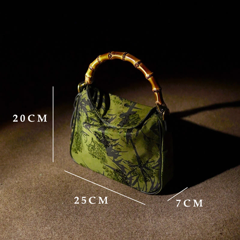 Sac à bandoulière en soie Xiangyunsha avec poignée en bambou luxuriant et Buddha Stones