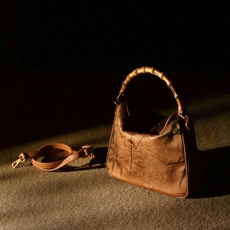 Sac à bandoulière en soie Xiangyunsha avec poignée en bambou luxuriant et Buddha Stones