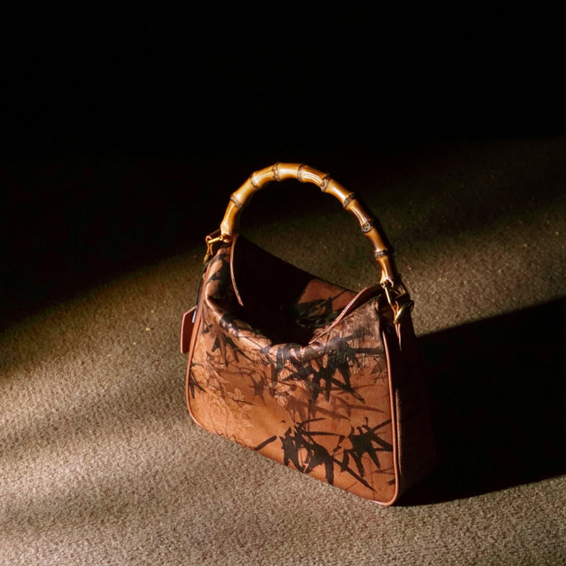 Sac à bandoulière en soie Xiangyunsha avec poignée en bambou luxuriant et Buddha Stones