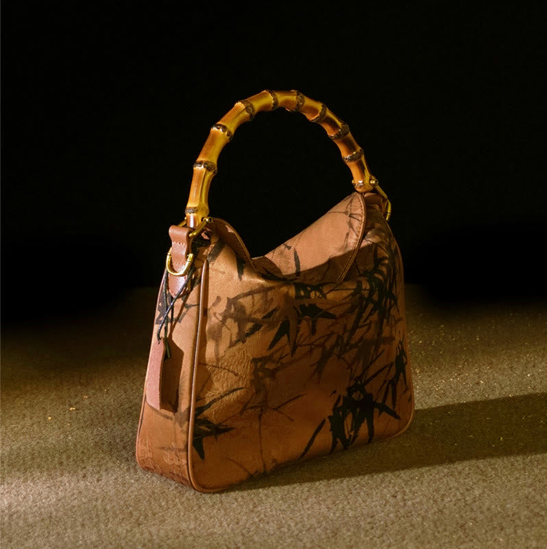 Sac à bandoulière en soie Xiangyunsha avec poignée en bambou luxuriant et Buddha Stones