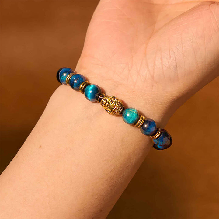 Bracelet d'équilibre tête de Bouddha œil de tigre bleu vert rouge Buddha Stones