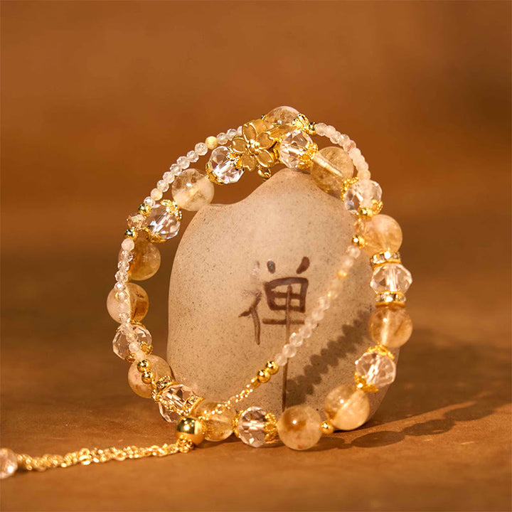 Bracelet de prospérité multicouches en perles de verre de citrine naturelle et Buddha Stones