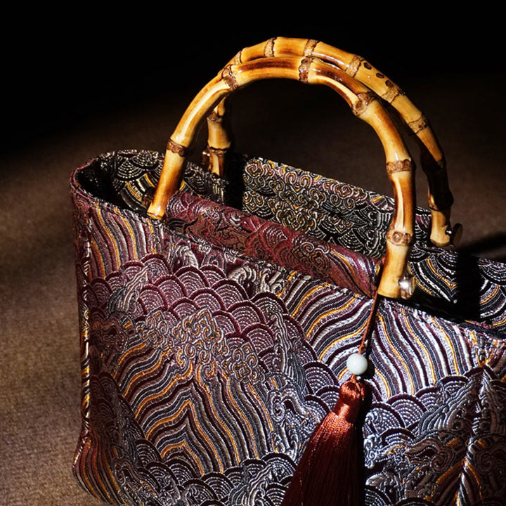 Sacs à main à pompon avec perles et poignée en bambou Motif vagues d'eau de mer et Buddha Stones